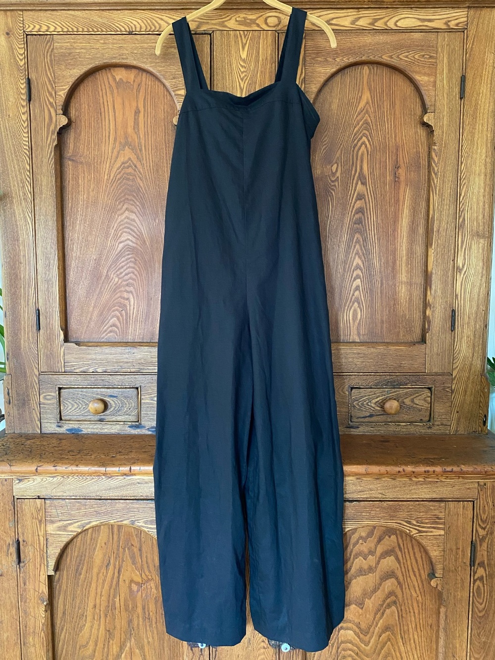 Uniqlo S black linen rayon jumpsuit square neck wide leg no belt